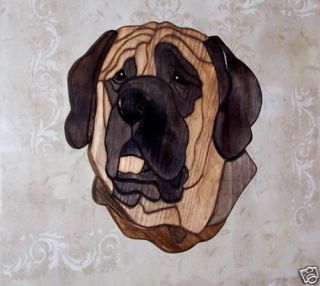 Mastiff dog wood carving art intarsia wall hanging