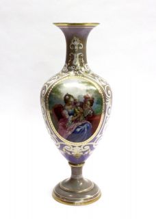 LARGE ANTIQUE FRENCH BACCARAT OPALINE GLASS VASE PAINTED SCENE GOLD 