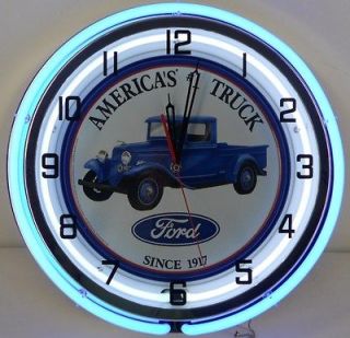 Ford Truck 18 Double Neon Clock Parts Dealer Oval Emblem Garage Sign 