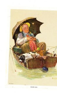 Norman Rockwell Lithograph Golden Days Man with Dog in Boat Fishing