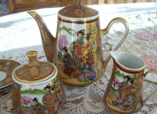   Antique Japanese SATSUMA Hand Painted GEISHA Girls Tea Set Teapot