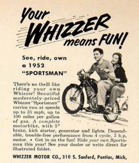 1952 Ad Whizzer Motor Sportsman Sanford Pontiac Michigan Motorbike 