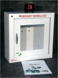 NEW ZEE MEDICAL AED EMERGENCY WALL CABINET with SECO LARM ALARM & KEYS