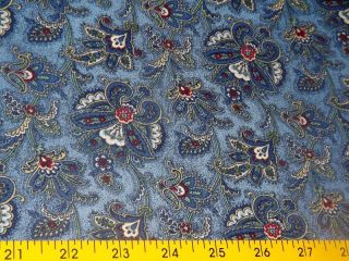 Yard Blue Floral Calico Cotton Fabric   Fleur De Lis Paisley