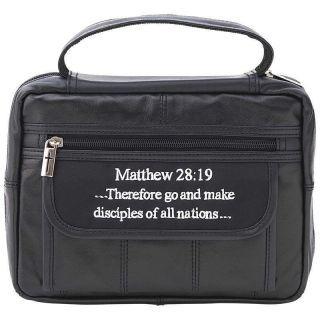 Black Solid Leather Bible Cover Book Case Embroidered Scripture Verse 