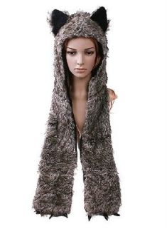 Multifunctiona​l Animal Wolf Hood Hoodie Faux Fur 3 in 1 Plush Warm 