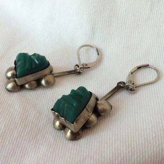 VTG MEXICO STERLING SILVER & JADE COLORED EARRINGS CONVERTED SCREWBACK 