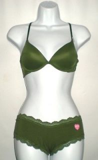   Secret PINK hipster Convertible Army Green Bra Panty Set 32B S NWT