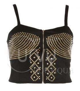 NEW WOMENS LADIES CROPPED BRALET STRAPPY VEST TOP GOLD STUDDED BLACK 