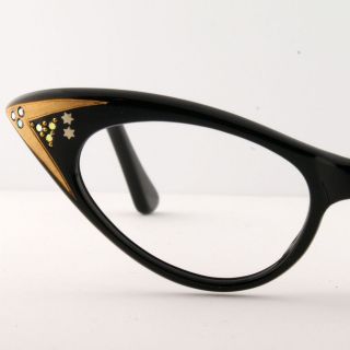   Women Small Black Cat Eyeglass Frames France Rhinestone & Gold Eyewear