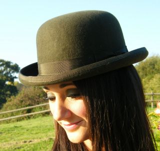   English Gentlemans Olive Green Wool Bowler Derby Hat Sizes S M L XL