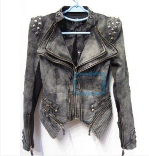 New Womens Punk Spike Studded Shoulder Vintage Denim Jacket Jeans coat
