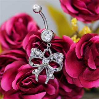Charm Bowknot Barbell Navel Belly Button Bars Ring Clear Rhinestone 