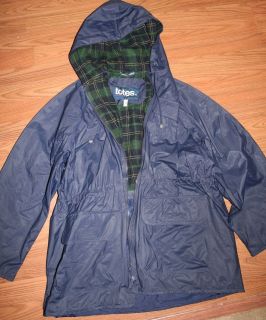TOTES Navy Blue Hooded Medium Weight 100% PVC Raincoat Lined Jacket Sz 