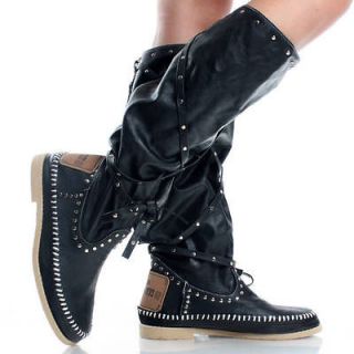 Black Studded Moccasin Rockabilly Western Womens Flat Knee High Boots 