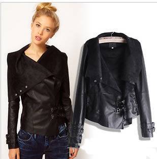   Women Punk Big Collar PU Washed Leather Biker Jackets Coat S M L