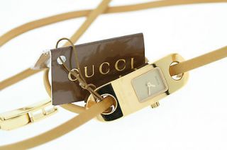 Gucci Ladies 6100L Gold Dial Wrap Bracelet Tan Leather Strap Watch
