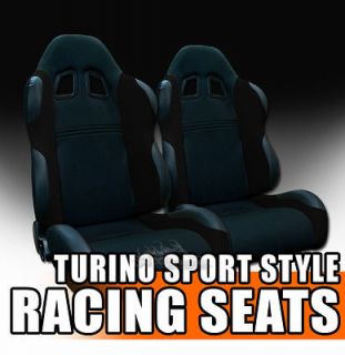   Blk Fabric & PVC Leather Sport Racing Bucket Seats+Sliders Nissan