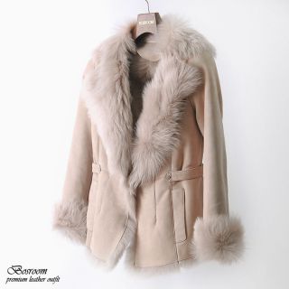 Womens genuine leather shearling jacket long fur coat PINK BEIGE 