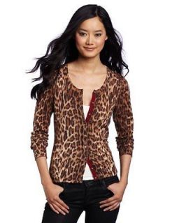 Lucky Brand Cheetah Crew Neck Cardigan Fitted Sweater Womens XS