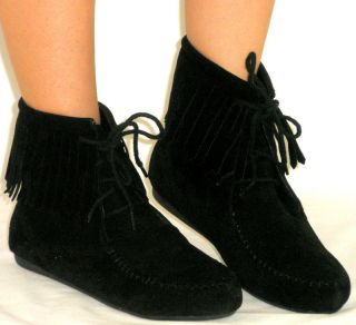 NWB Indian Suede Moccasin Fringe Tassel Ankle Bootie Pazzle 