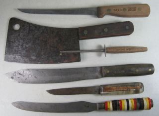 Lot 5 Assorted Antique & Vintage Kitchen Knife Cleaver Chicago Cutlery