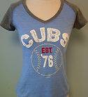 Chicago Cubs Ladies V Neck Grey/Blue Tri Blend Cap Sleeve T Shirt