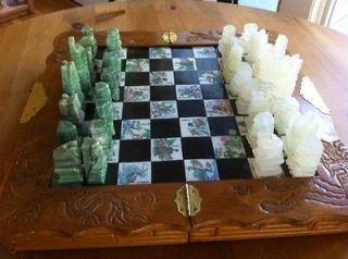 Vintage Mandarin Chess Set Heavy Marble Stone Pieces with Wood Board