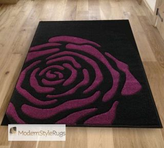 Black & Purple Rose Design Rug   Heavy Domestic Pile   In 4 Sizes 
