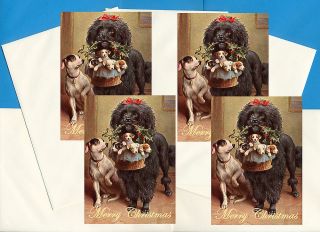   TERRIER PUPS IN BASKET PACK OF 4 DOG PRINT CHRISTMAS GREETING CARDS