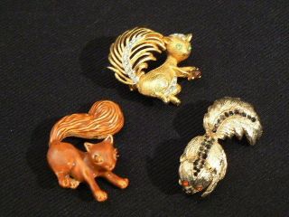 Vintage pins 3 squirrels crystals fine quality costume jewelry 