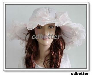   Light Chiffon Pink Manual Flower Ruffle WEDDING Church Wide Brim Hats
