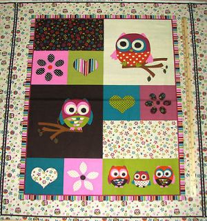 Hoot Owl Owls on Branches & Flowers Cotton Fabric Panel 1 Yard FLAWED