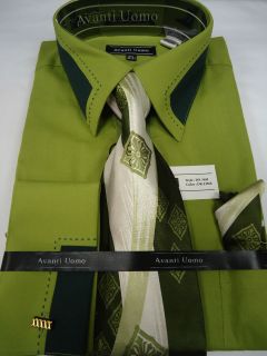 Mens Avanti Uomo Dark Lime Green 2 Tone French Cuff Dress Shirt Set 