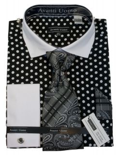 New Avanti Uomo Fashion Dress Shirt Black/White Polka Dots. DN47M