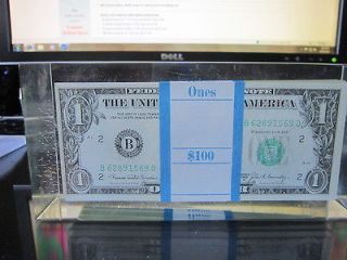 One Dollar Bills Lucite Acrylic Paperweight 1969C Vintage