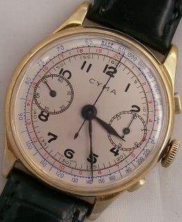 Cyma Chronograph wristwatch gold plated case 36 mm. running caliber 