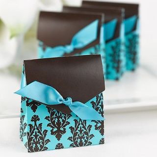 Set of 50 Turquoise Aqua & Brown Damask Tent Wedding Favor Boxes Kit 