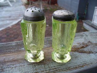 Two Old Triangle Inverted Vaseline Green Salt and Pepper Shakers