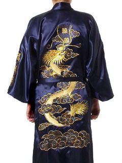 comfortable Mens Silk Satin Embroider Dragon Kimono Robe Gown S M L 
