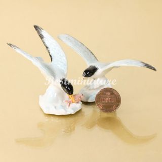 Seagull Birds set w Fish Ceramic Statue Pottery Animal Miniature 