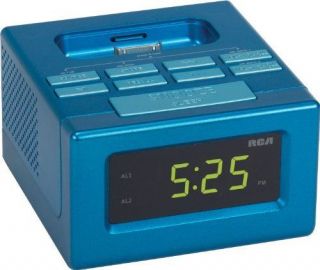Bedside RCA Clock Radio w/ Built in Dock for iPod 4G//iPhone   Blue 