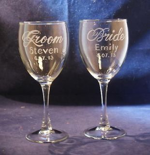 Personalized Engraved Bride and Groom Wine Goblet Glasses