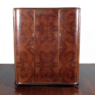   Burl Walnut Art Deco 3 Door 5Ft Armoire Wardrobe Closet c1930’s p23