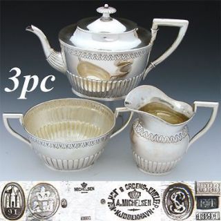   Danish Hallmarked Sterling Silver 3pc Tea Set Teapot, Creamer & Sugar
