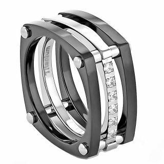   Ring Clear Round Cubic Zirconia Mens Silver & Black Wedding Band