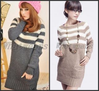  Korea Womens Crew Neck Striped Long Sweater Cardigan Knit Coffee F7055