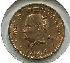 two  1944 & one 1951 Mexico Cinco Centavos Coins 