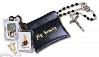 First Communion Boys Black Rosary 4 Pc. Kit Case + Pin + Scapular 