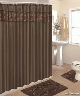 15Pc Brown Bathroom Set Shower Curtain Bath Mat/Contour Mat/12 Rings 